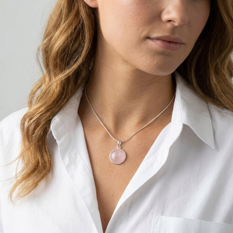Pendentif Argent 925  Quartz Rose Rond 19mm porté