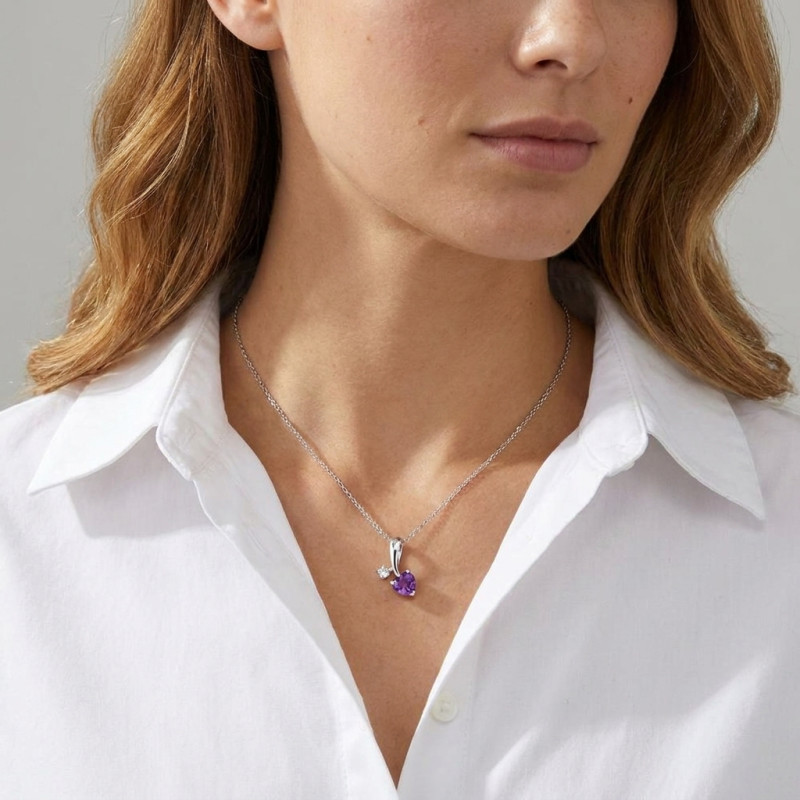 Pendentif Argent 925 Rhodié Améthyste Coeur et Oxyde porté