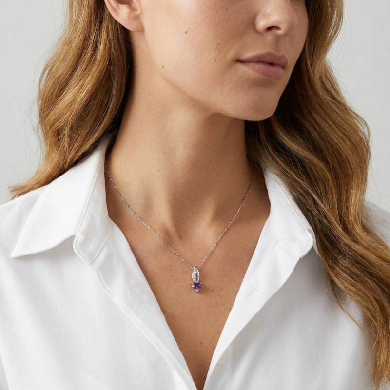 Pendentif Argent 925 Rhodié Améthyste Coeur et Oxydes porté