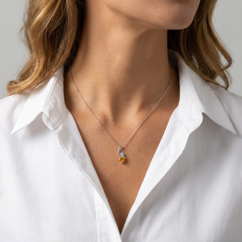 Pendentif Argent 925 Rhodié Citrine Coeur et Oxyde porté