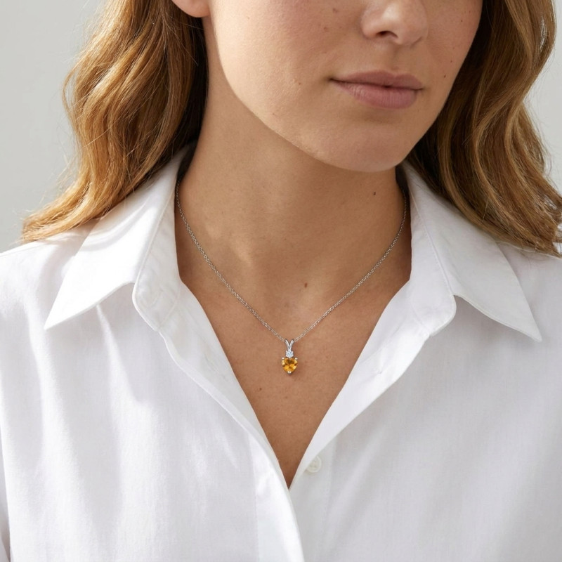 Pendentif Argent 925 Rhodié Citrine Coeur et Oxyde porté