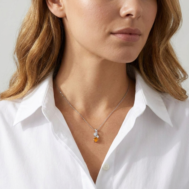 Pendentif Argent 925 Rhodié Citrine et Oxydes porté