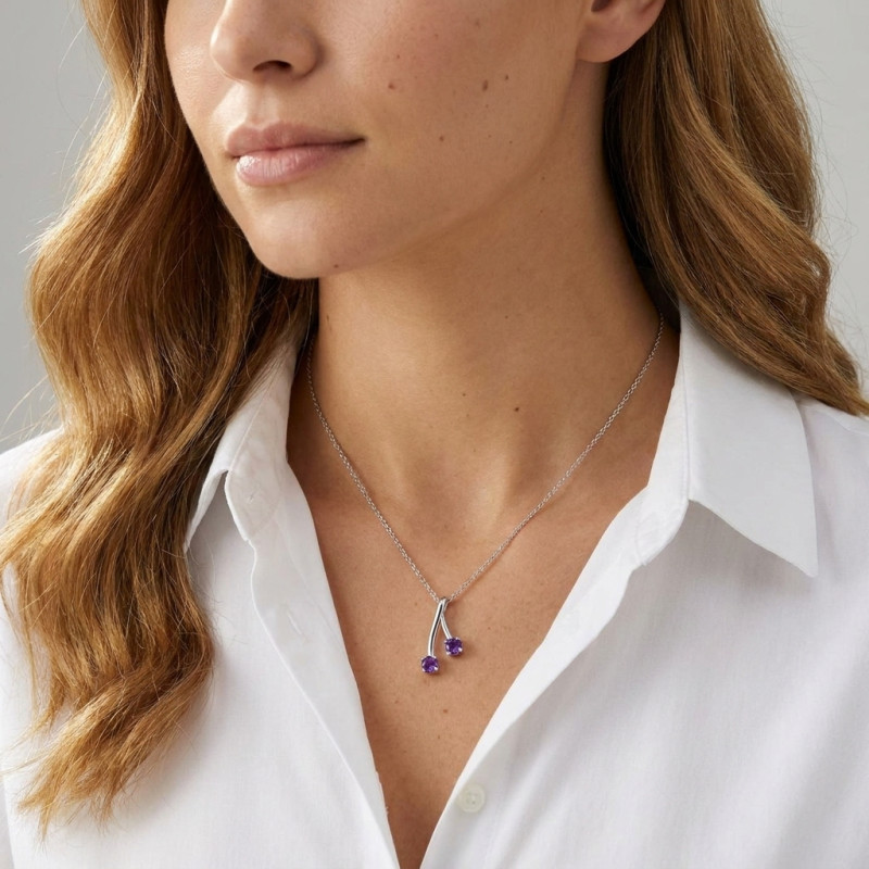 Pendentif Argent 925 Rhodié et 2 Améthystes porté