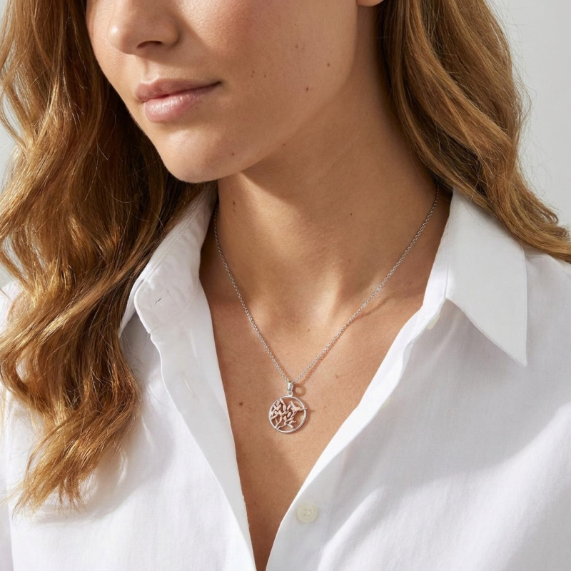 Pendentif Argent 925 Rhodié et Rosé  Arbre et Oiseau porté