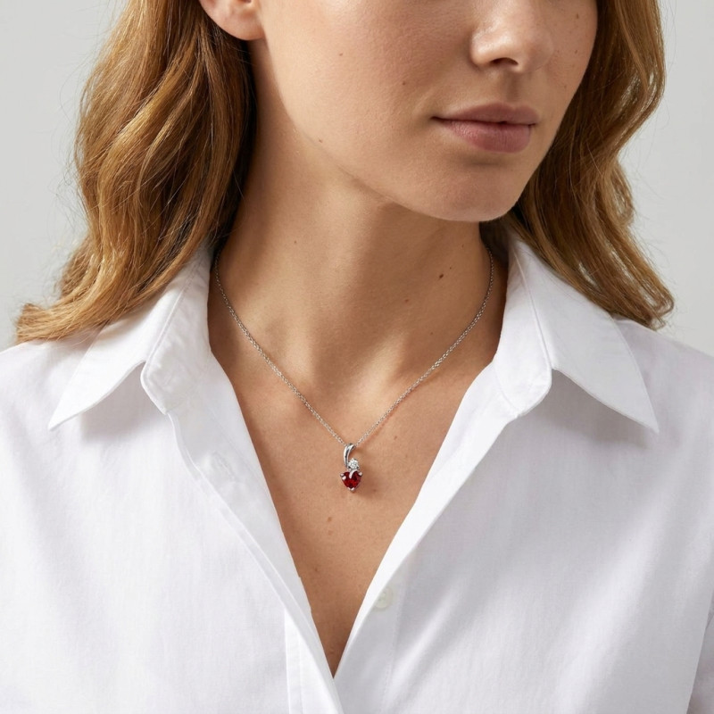Pendentif Argent 925 Rhodié Grenat Coeur et Oxyde porté