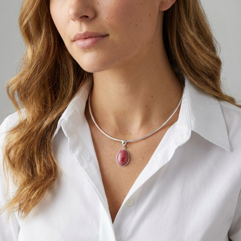 Pendentif Argent 925  Rhodonite Ovale   19x13mm porté