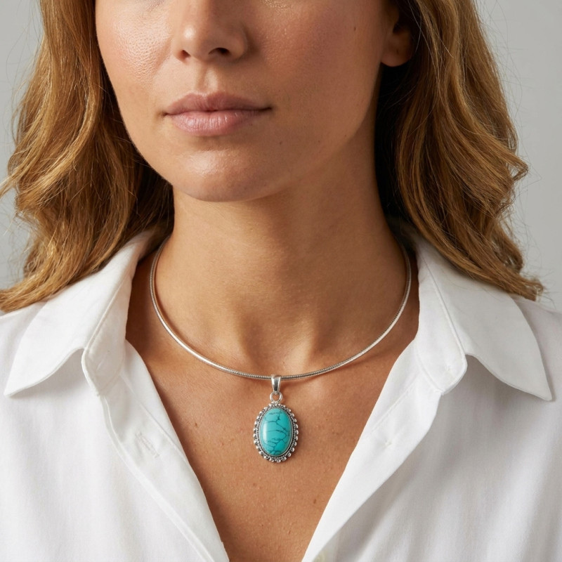 Pendentif Argent 925 Turquoise Reconstituée Cabochon Ovale 18x12mm porté