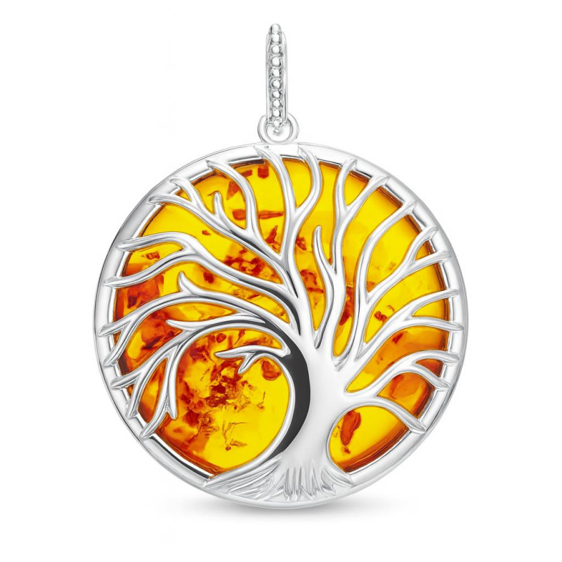 Très Ancienne Broche épingle ARGENT 925 'Arbre De Vie' Avec Ambre - Bijou Poinçonné Vintage