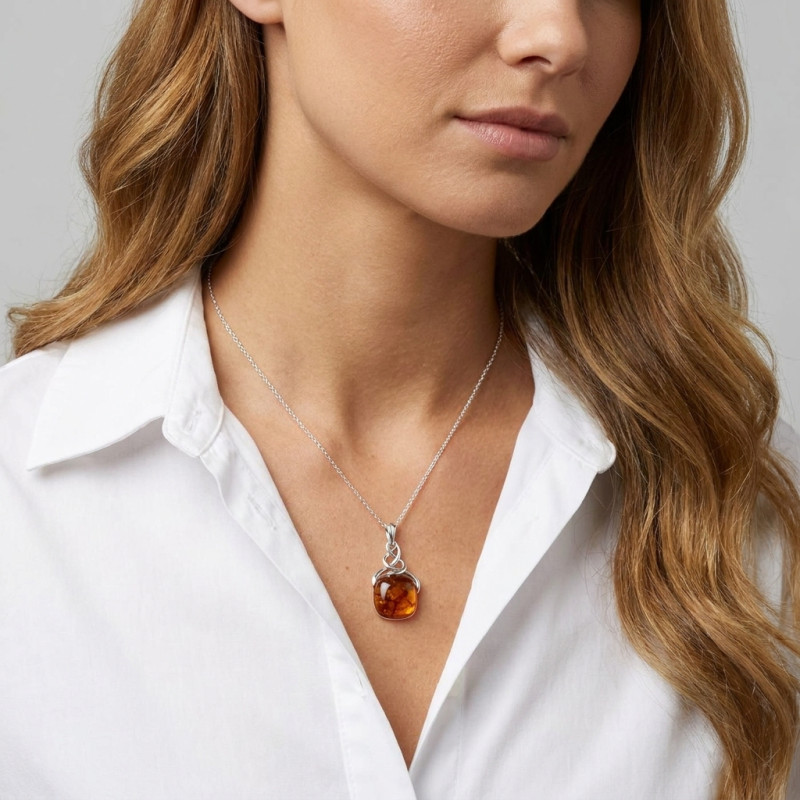 Pendentif Argent et Ambre Coussin porté