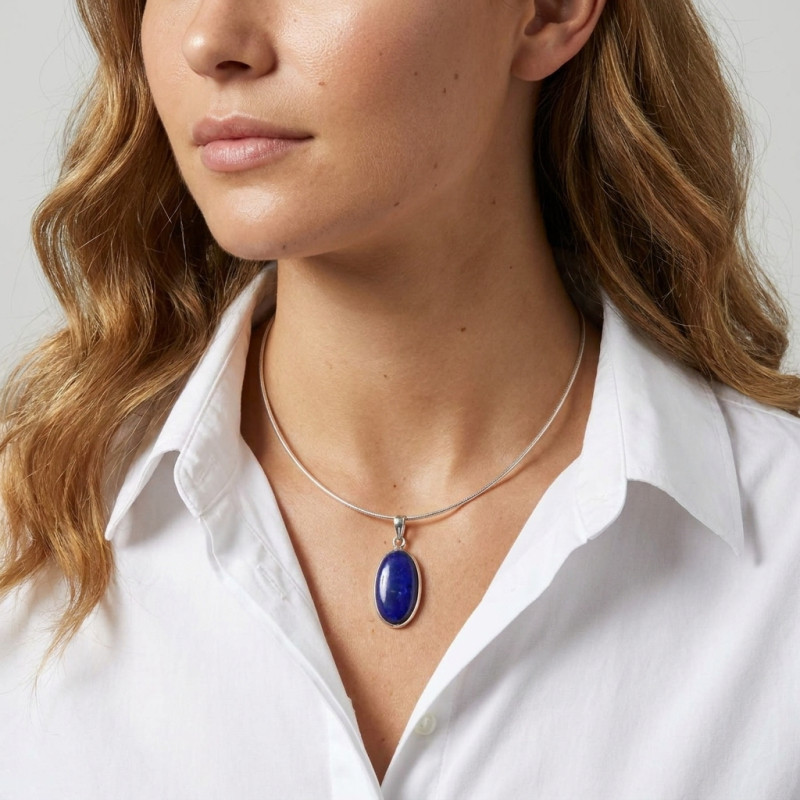 Pendentif Argent Lapis Lazuli Ovale  28x14mm porté