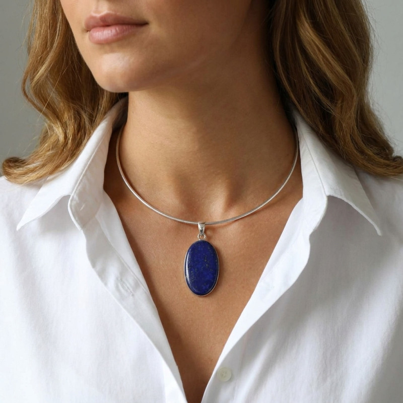 Pendentif Argent Lapis Lazuli Ovale  31x21mm porté
