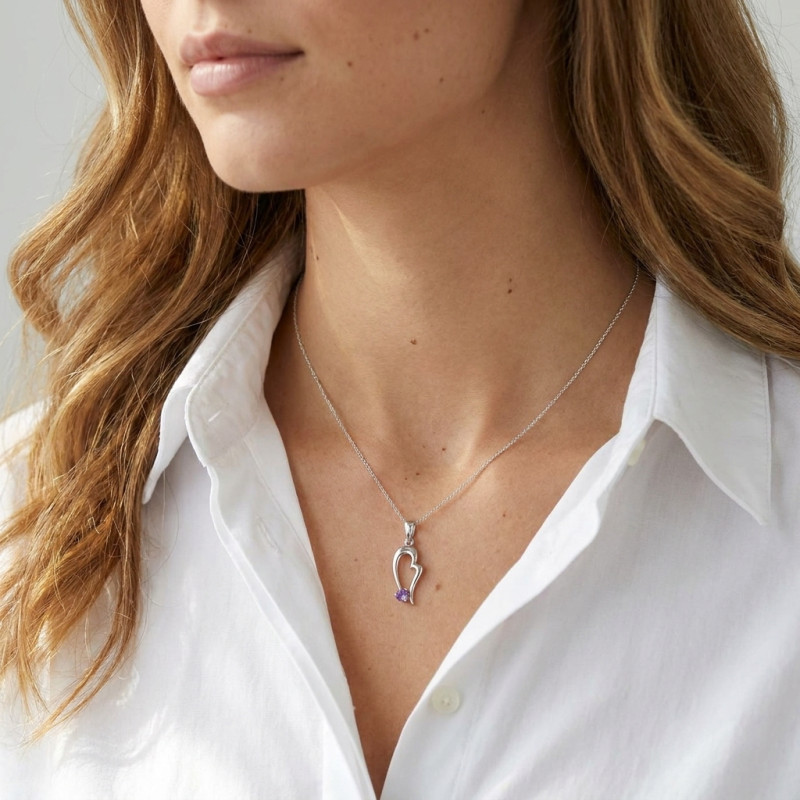 Pendentif Argent  Motif Fantaisie et Améthyste 3mm porté