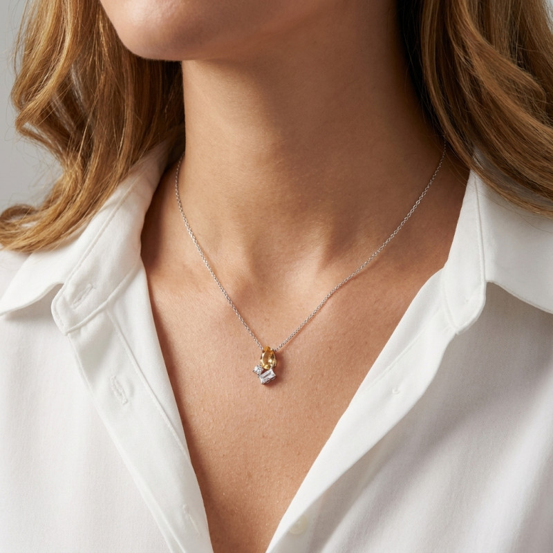 Pendentif Argent Rhodié Citrine et Oxydes de zirconium porté