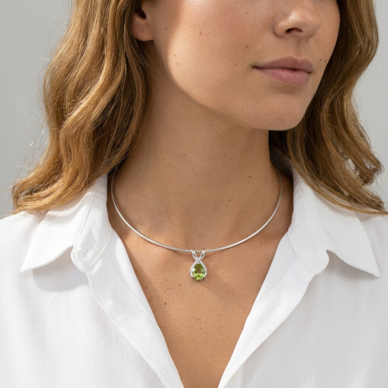Pendentif Argent Rhodié Péridot  Poire 9x7mm et Oxyde porté