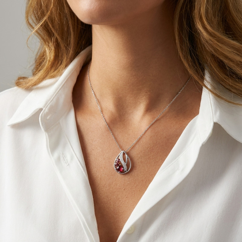 Pendentif en Argent 925 Rhodié Grenat Ronds et Oxydes porté