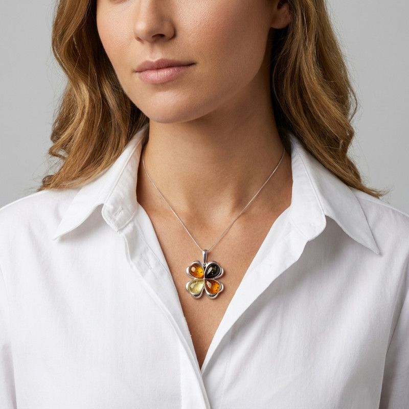 Pendentif Fleur Ambre Multicolore et Argent 925 porté