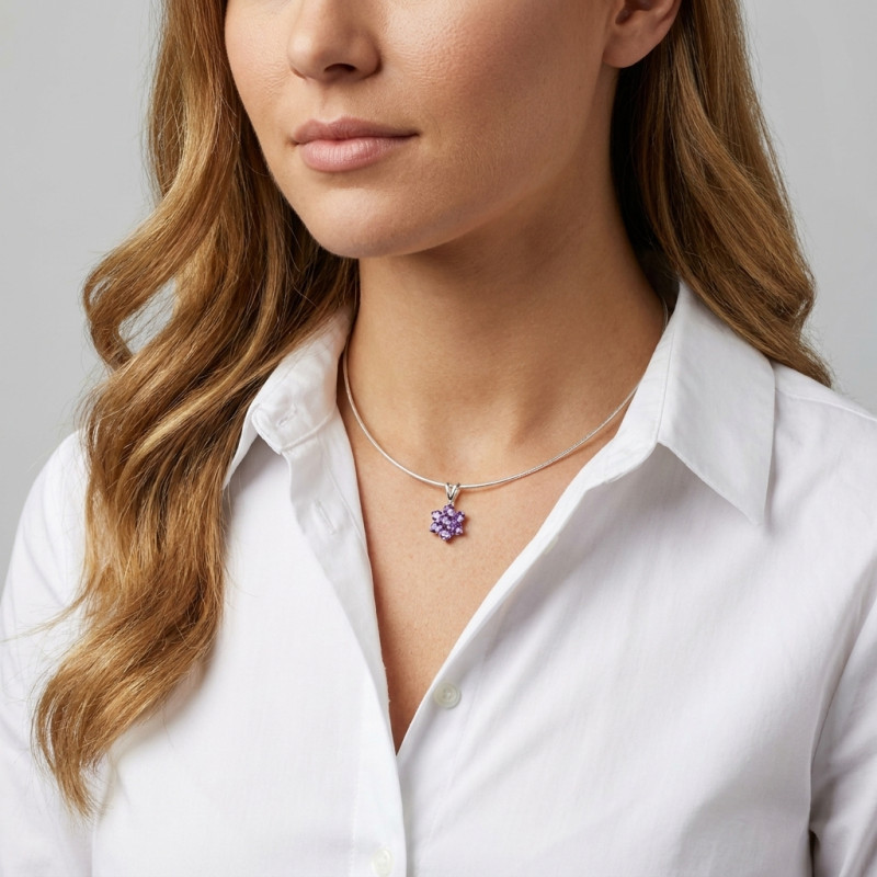 Pendentif Fleur Argent Améthyste porté