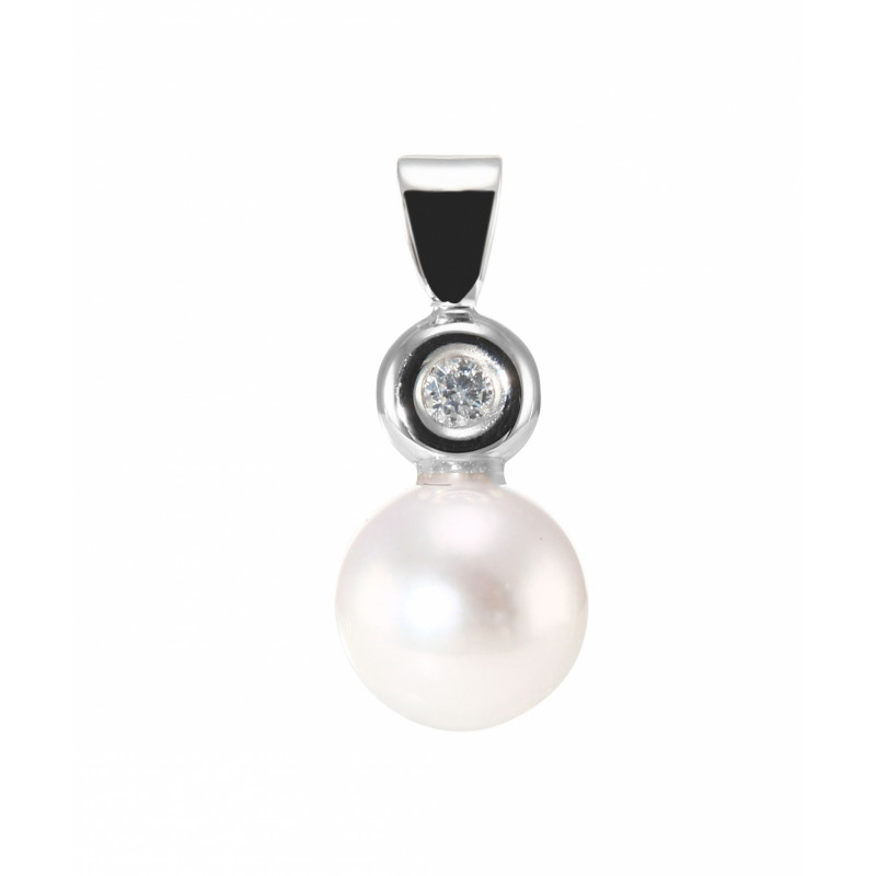 Pendentif Or Blanc 750 Perle Akoya 8mm et Diamant