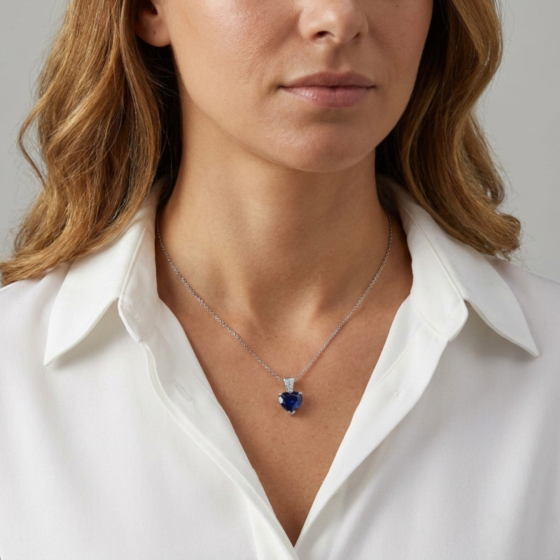 Pendentif Or Blanc 750 Saphir coeur et diamants porté