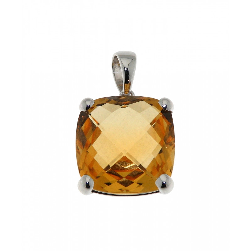 Pendentif Or Blanc Citrine Coussin 12mm