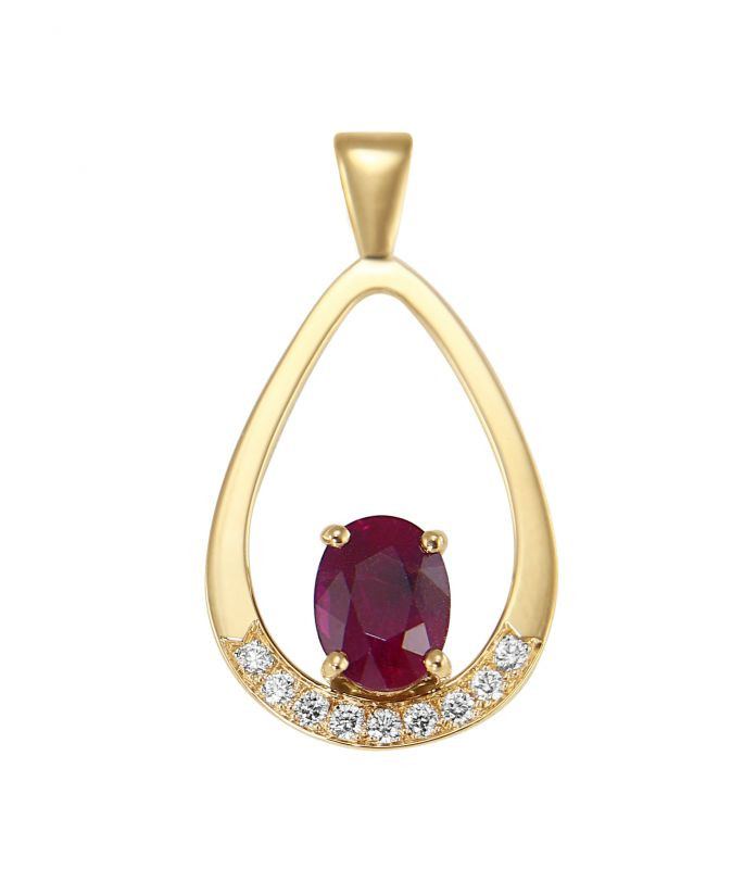 Pendentif Rubis Rouge Simulé 2Ct Ovale Avec Diamants - Monture 14K Or Jaune Plaqué Sur Argent 925