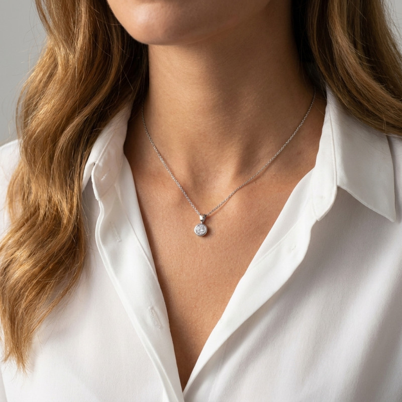 Pendentif Pneu Or Blanc 750 Diamant 0.4 carat porté
