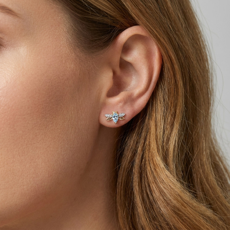 Puces d'oreilles Abeilles Or Jaune 375 Topaze bleue traitée et Diamant porté