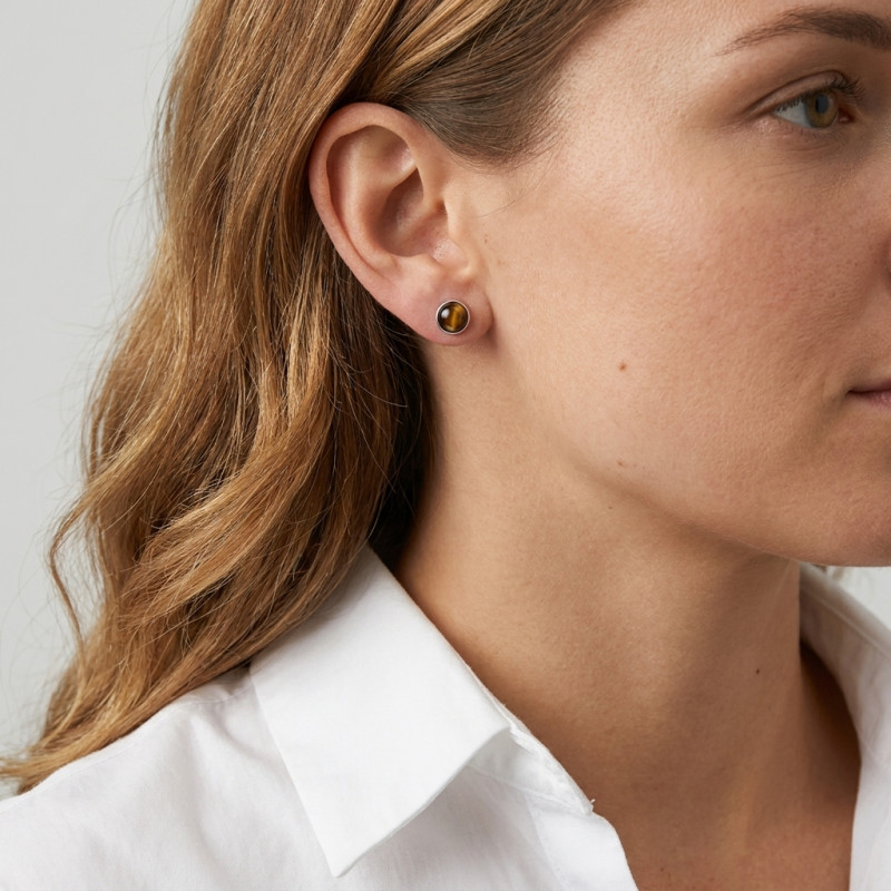 Puces d'oreilles Argent 925 et Oeil de Tigre 6mm porté