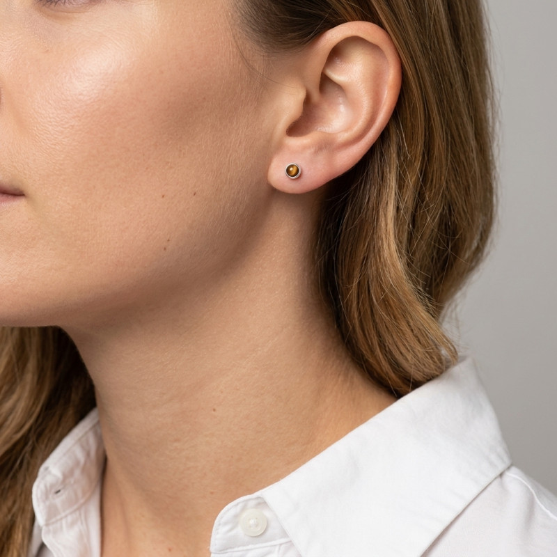 Puces d'oreilles  Argent 925 Oeil de tigre 3mm porté