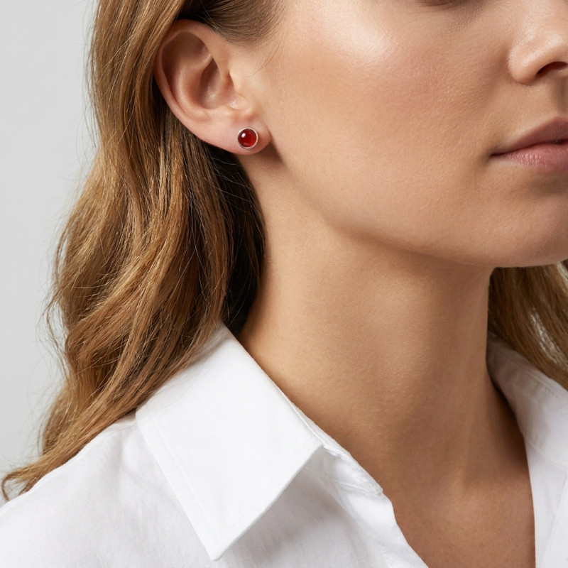 Puces d'oreilles Argent Cornaline Ronde 6mm porté