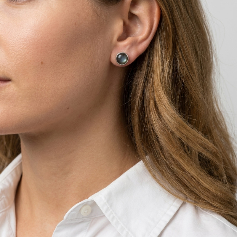 Puces d'oreilles Argent Labradorite Ronde 6mm porté