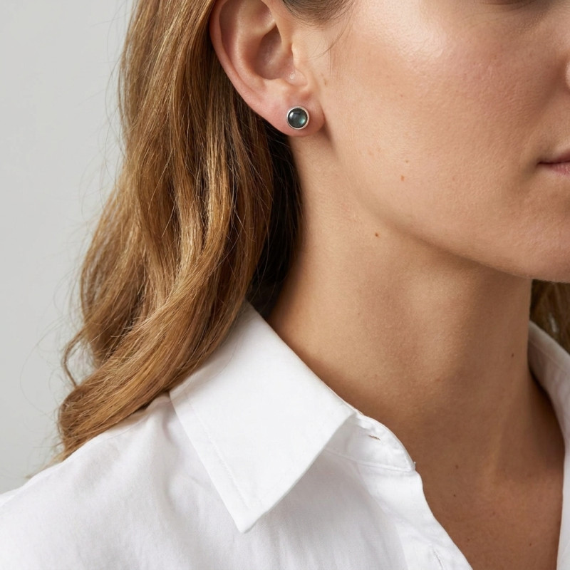 Puces d'oreilles Argent Labradorite Ronde 6mm porté