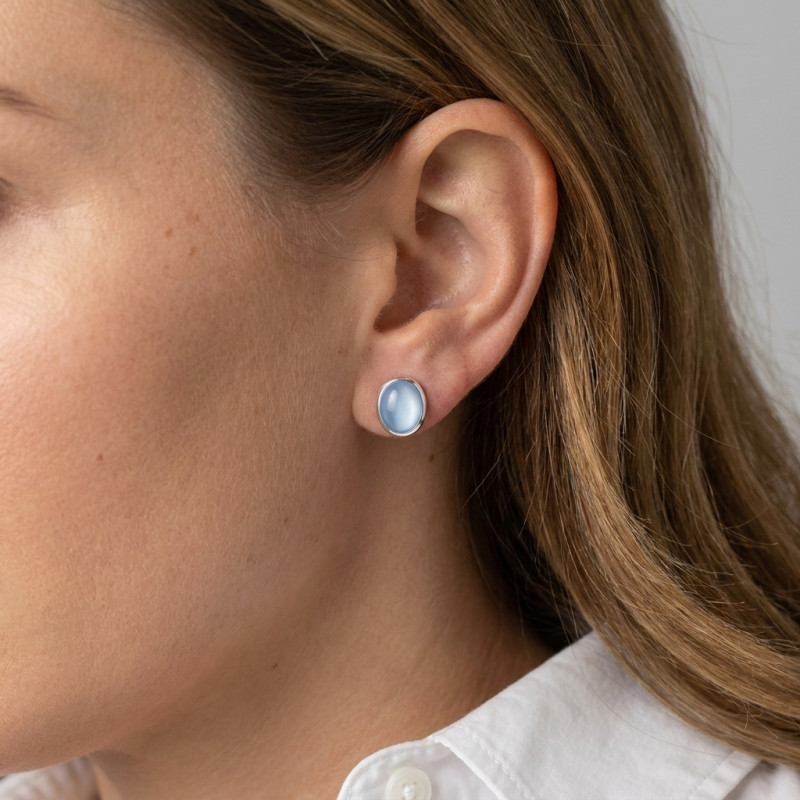 Puces d'oreilles Argent Nacre Bleue Ovale 11x9mm porté