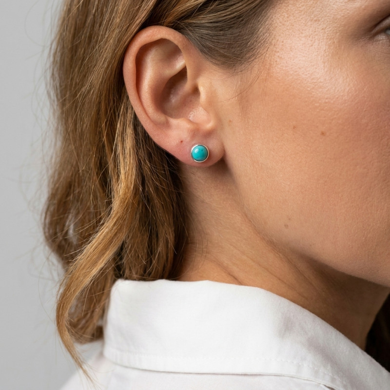 Puces d'oreilles Argent Turquoise Reconstituée Ronde 6mm porté