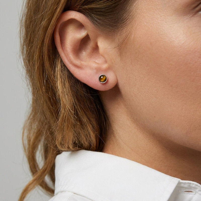 Puces d'oreilles Oeil de Tigre 3.5mm en Argent porté