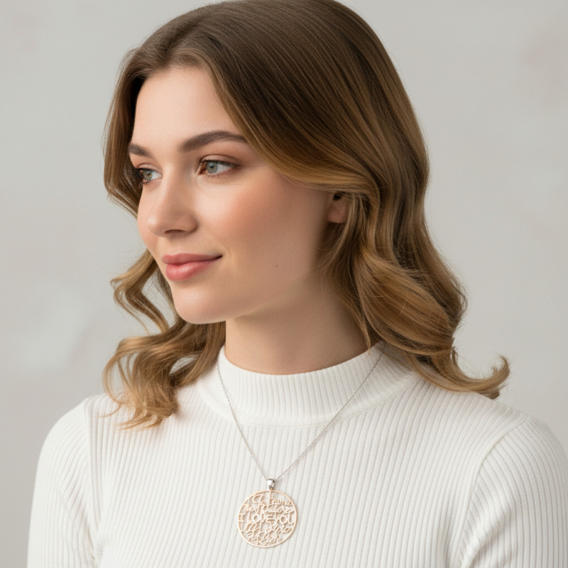 Sautoir argent et pendentif Je t'aime  porté