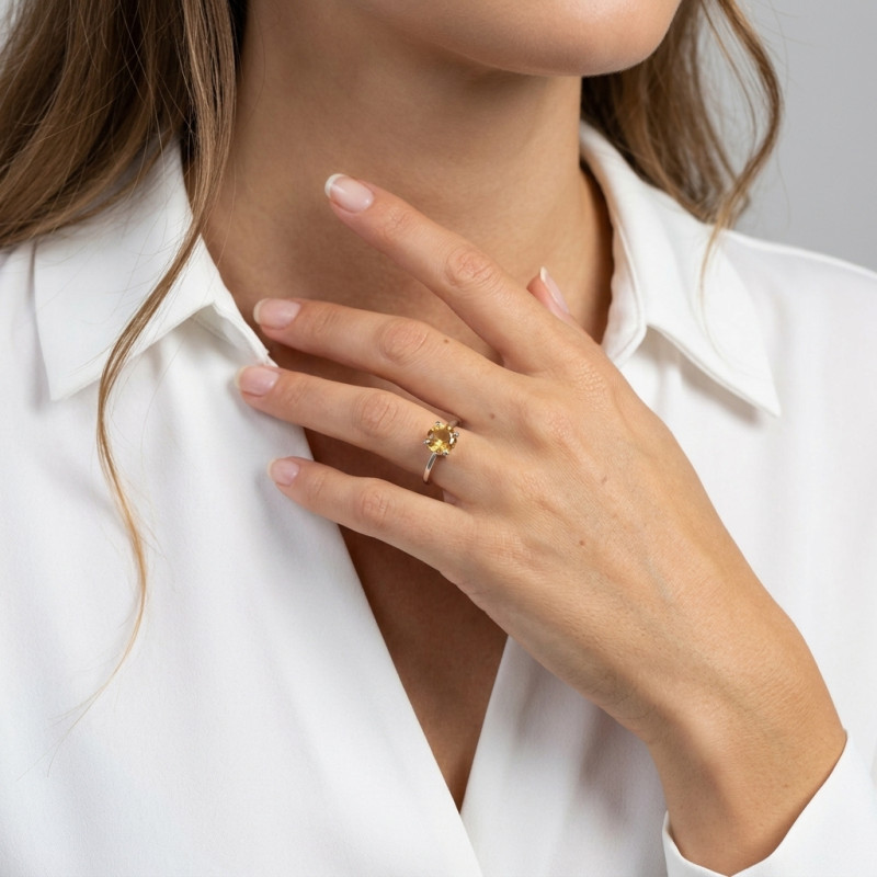 Solitaire Argent  Citrine Ronde 8mm porté