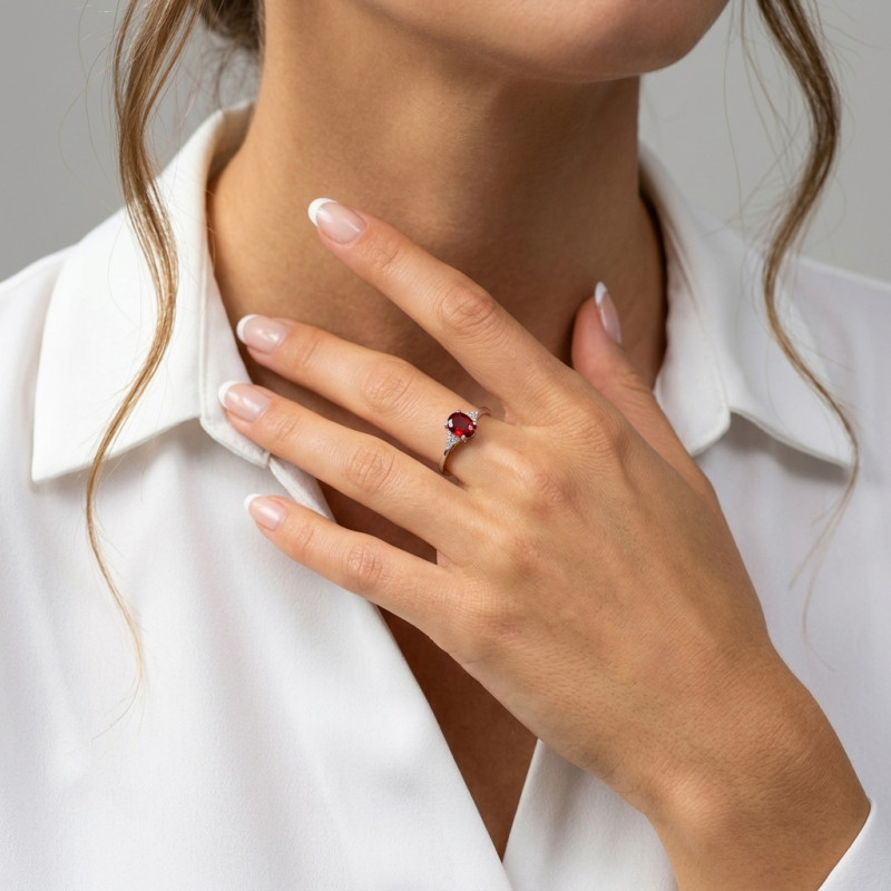 Solitaire Argent Rhodié Grenat Ovale 7x5mm porté