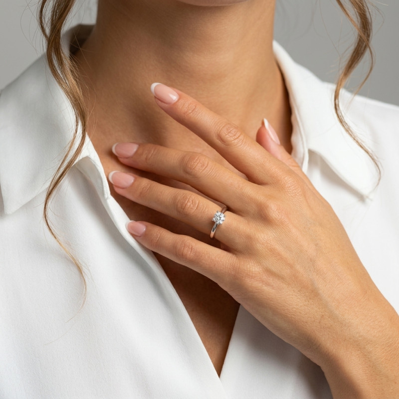 Solitaire Or Blanc 750 et Diamant 0.73 carat porté