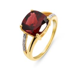 Bague Grenat Coussin 10mm et Diamant Or Jaune 375
