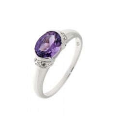 Bague Jonc Or Blanc 375 Améhyste Ovale 8x6mm et Diamant