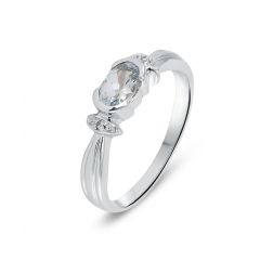 Bague Or Blanc 375 Aigue Marine Ovale 6x4mm et Diamant
