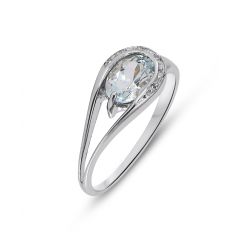 Bague Or Blanc 375 Aigue Marine Ovale 7x5mm et Diamant