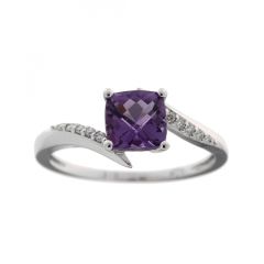 Bague Or Blanc 375 Améthyste Coussin 6x6mm et Diamant