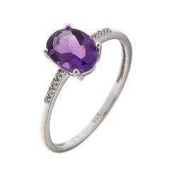 Bague Or Blanc 375 Améthyste Ovale 8x6mm et Diamant