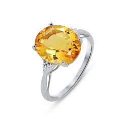 Bague Or blanc 375 Citrine Ovale 12x10mm et Diamant