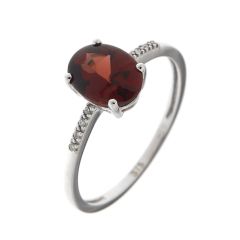 Bague Or Blanc 375 Grenat Ovale 8x6mm et Diamant