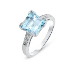 Bague Or Blanc 375 Topaze Bleue Carrée et Diamant