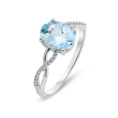 Bague Or Blanc 375 Topaze Bleue Ovale 8x6mm et Diamant