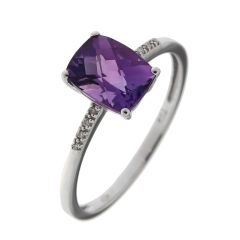 Bague Or Blanc 750 Améthyste Coussin 8x6mm et Diamant